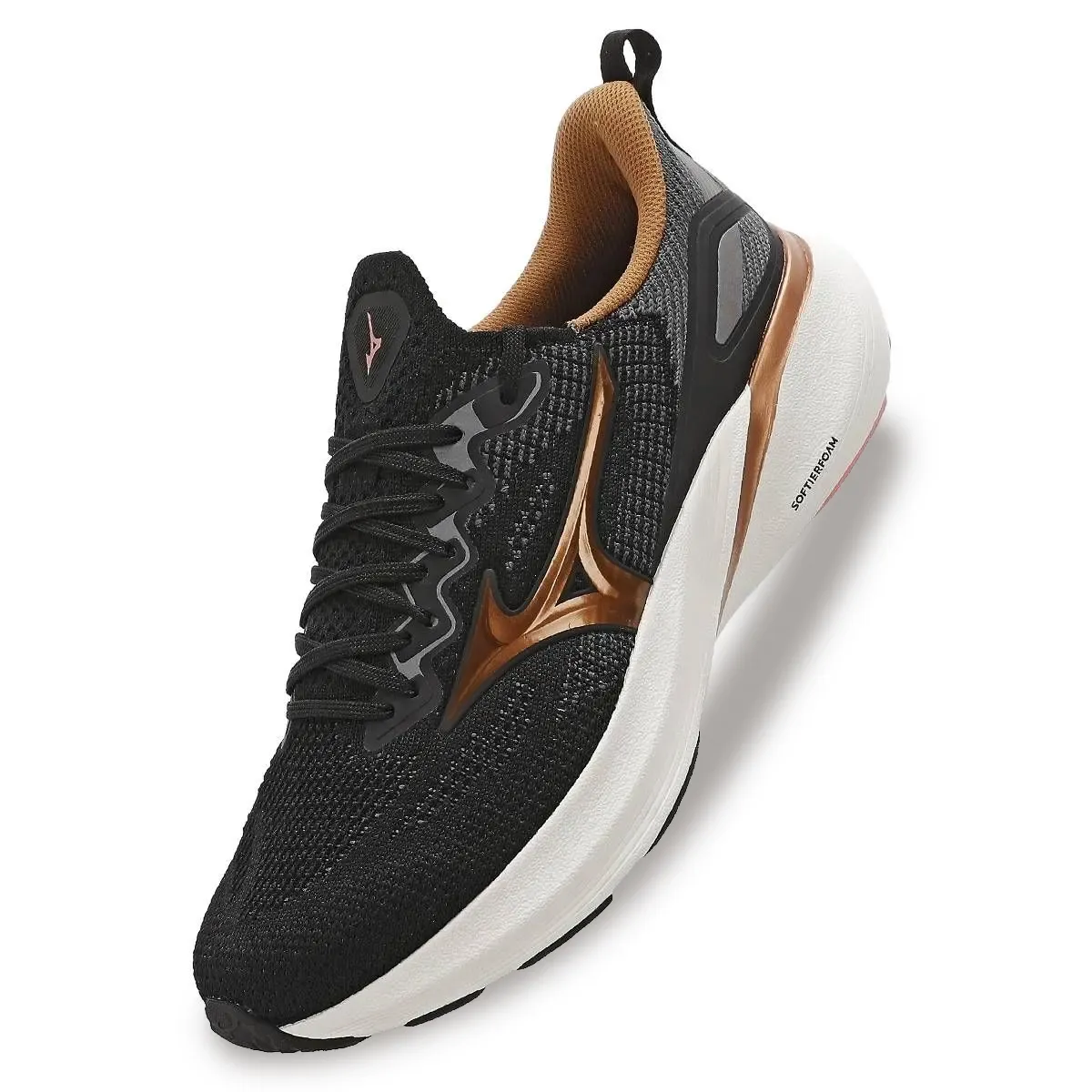 Vista superior do Mizuno Glow 3 em preto mostrando cabedal knit respirável e entressola com amortecimento